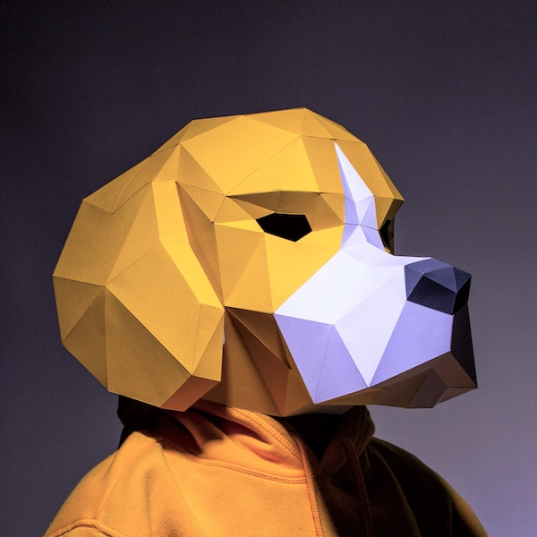 Máscara de Perro Beagle, Plantilla de Máscara Papercraft, Origami, Descarga PDF DIY, Low Poly, Máscara 3D