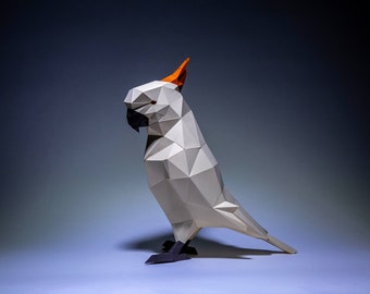Papegaaipapiercraft, digitale sjabloon, origami, PDF-download DIY, laag poly, trofee, sculptuur, model, papegaaiwit
