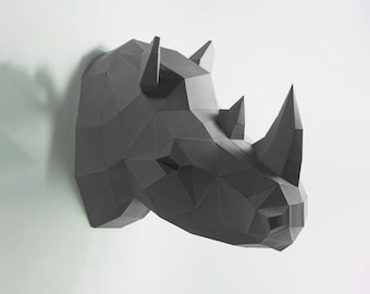 Arte de papel de pared de cabeza de rinoceronte, plantilla digital, Origami, descarga de PDF DIY, Low Poly, decoración de pared