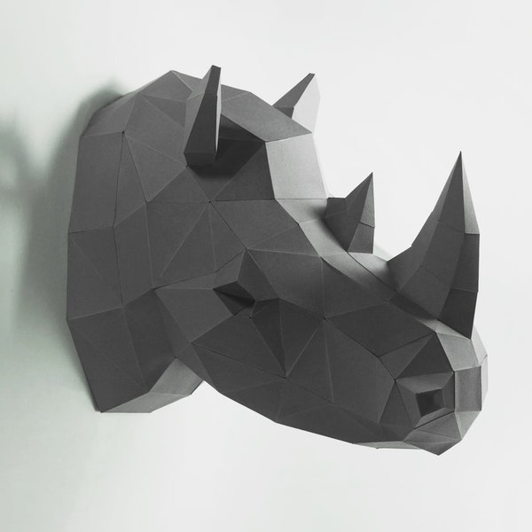Rhino Head Wall Paper Craft, Digital Template, Origami, PDF Download DIY, Low Poly, Wall Decor