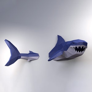 Shark wall decor, Low Poly Shark Model, Create Your Own 3D Papercraft Shark, Origami Shark, Great White Shark, Shark Week, Cool Dorm Decor