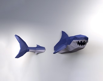 Shark wall decor, Low Poly Shark Model, Create Your Own 3D Papercraft Shark, Origami Shark, Great White Shark, Shark Week, Cool Dorm Decor