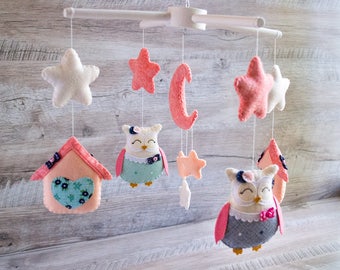 Woodland mobile Baby mobile Baby girl gift baby shower Coral navy nursery Owl mobile Coral mobile Stars mobile Kid room decoration fairytale