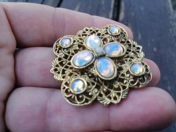 Beautiful Vintage Czech Brooch Filigree Faux Moon… - image 6