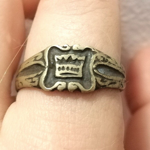 Unique Antique Ring Crown Old Macedonian Bronze Ring Men Women Free Size Unisex Traditional Balkan Jewelry Folk Ethnic Hand Carved Ottoman
