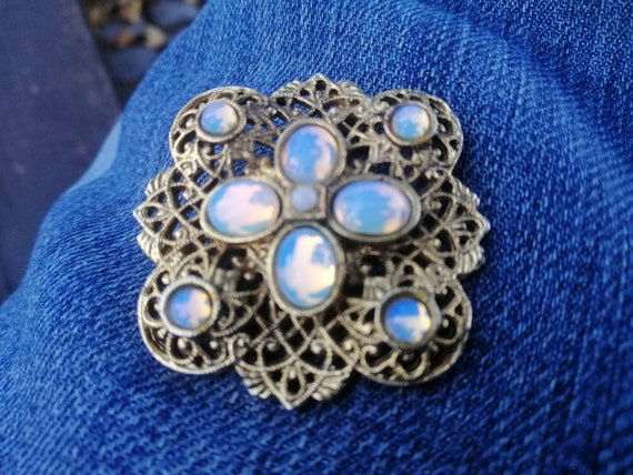 Beautiful Vintage Czech Brooch Filigree Faux Moon… - image 5