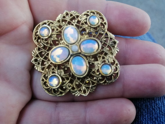 Beautiful Vintage Czech Brooch Filigree Faux Moon… - image 10