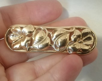 Unique Art Nouveau Brooch with Floral Ornament Excellent Condition Golden Plated Double Brooch with Flowers Elegant Old Vintage Europe