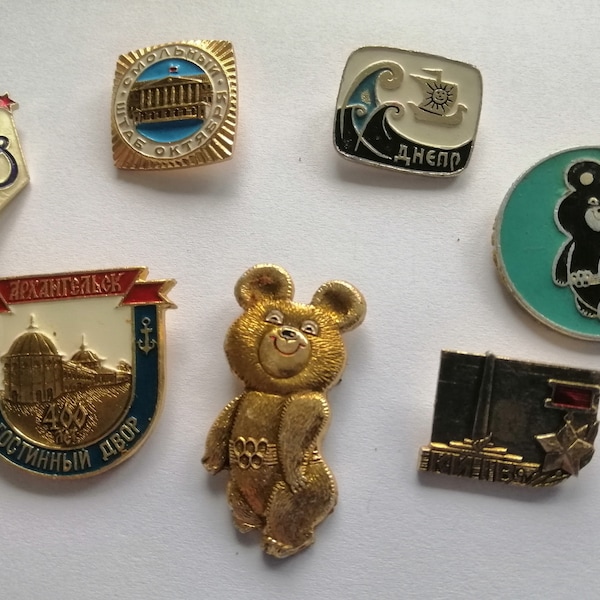 Vintage Pins Set USSR 1970-80s Russian Olympic Bear Cities Communism Soviet Vintage Collection Socialism Enamel Metal Signs Old