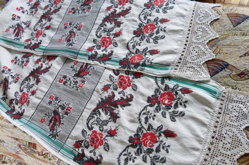 1930s Ukrainian Rushnik Embroidered Towel Unique Hand Embroidery Birds Flowers Folk Art Traditional Decorative Towel Crochet Lace Vintage