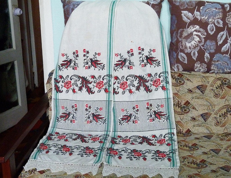 1930s Ukrainian Rushnik Embroidered Towel Unique Hand Embroidery Birds Flowers Folk Art Traditional Decorative Towel Crochet Lace Vintage