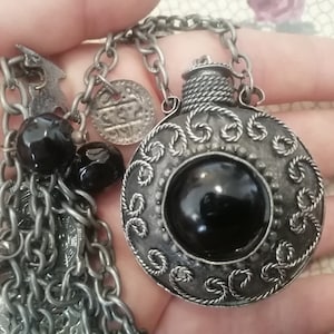 Unique Vintage Aroma Pendant Bottle Metal with 2 Levels of Chain and Many Charms Black Stone Boho Rare  Elefant Necklace with Bottle Boho