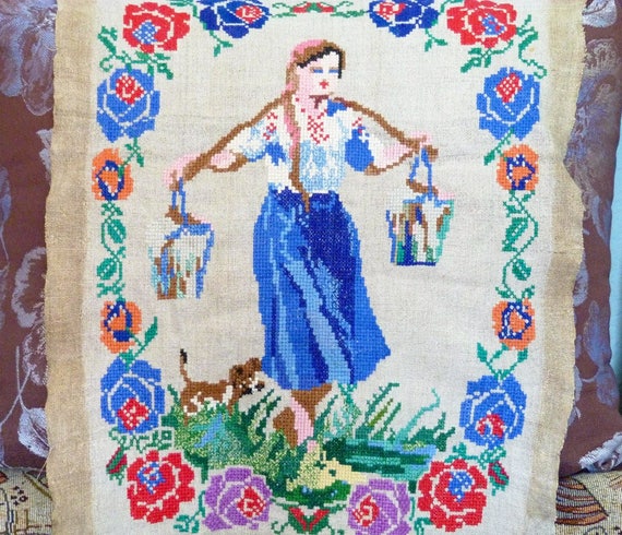 Embroidery, Needlepoint Canvas Cross Stitch Tapestry Gobelin Lady With  Flowers 
