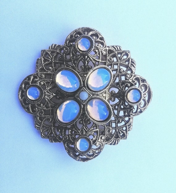 Beautiful Vintage Czech Brooch Filigree Faux Moon… - image 2