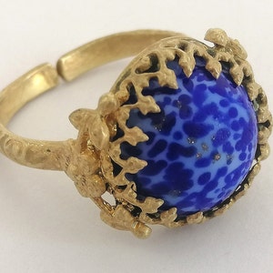 Vintage Czech Ring with Ceramic Stone Baroqie Style Brass Ring Czechodlovakia Costume Jewelry Boho Elegant Rich Design 1950s Free Size Old