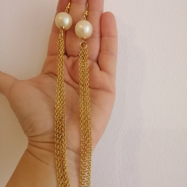 Extra Long Vintage Earrings with Chains Extravagant Super Long Boho Feminine 1980s Hollywood Style Fake Pearls Elegant Unusual Charming Old