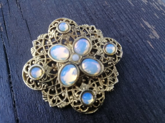 Beautiful Vintage Czech Brooch Filigree Faux Moon… - image 8