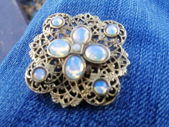 Beautiful Vintage Czech Brooch Filigree Faux Moon… - image 3