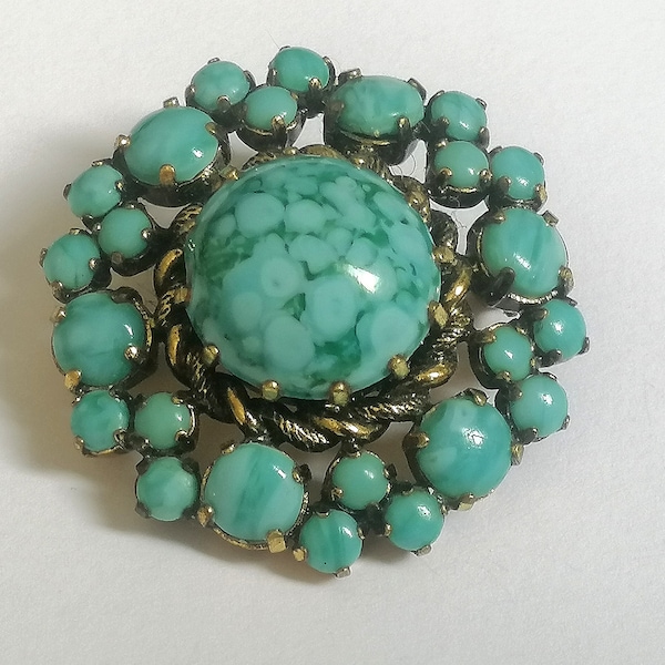 Excellent Vintage Brooch Czech 1970s Costume Jewelry Czechoslovakia Brass Faux Stones Elegant Old Jewelry Traditional Blue Bright Boho Retro