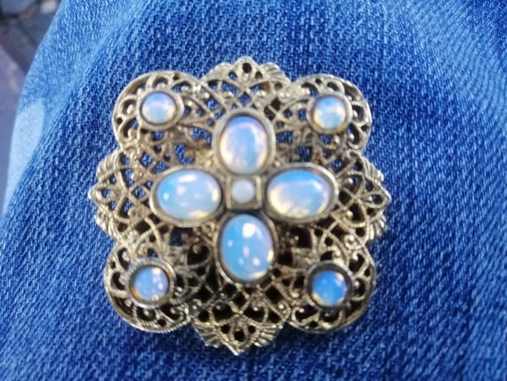 Beautiful Vintage Czech Brooch Filigree Faux Moon… - image 4