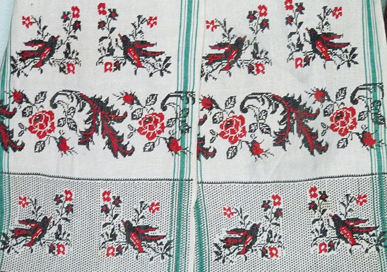 1930s Ukrainian Rushnik Embroidered Towel Unique Hand Embroidery Birds Flowers Folk Art Traditional Decorative Towel Crochet Lace Vintage