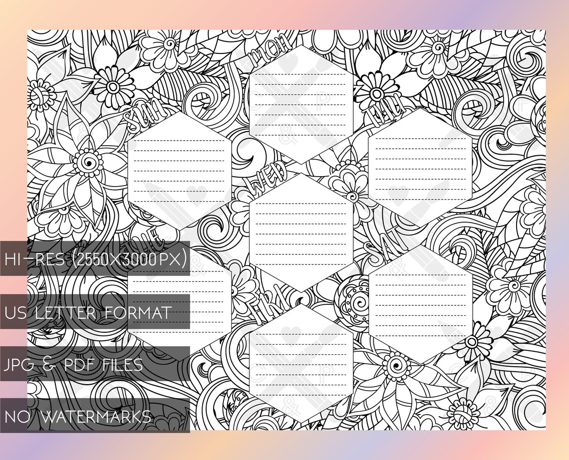 Coloring page Weekly planner Coloring book Printable coloring | Etsy