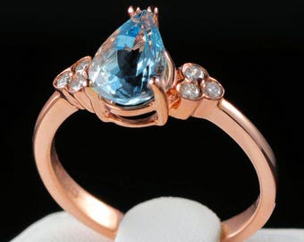 Brazilian Aquamarine Pear Solitaire with Bezel Set Diamonds 14k Rose Gold Ring