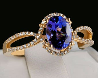 Genuine AAA Tanzanite Oval Solitaire with Diamonds 14K Gold Ring