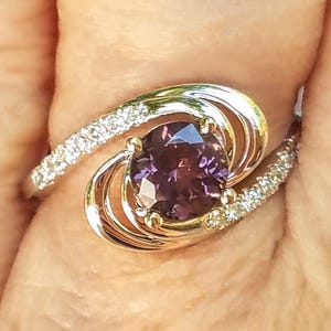 Natural Genuine Purple Mahenge Spinel Round Solitaire with Diamonds 14k White Gold Ring