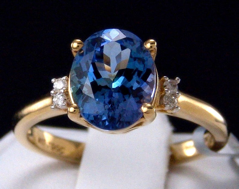 3.01ct Genuine Bi-Color Tanzanite Solitaire with Diamond Accents 10K Solid Yellow Gold Ring image 2