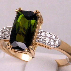 Genuine Natural Green Tourmaline Solitaire with Diamond Accents 14k Solid Gold Ring