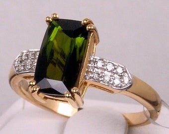 Genuine Natural Green Tourmaline Solitaire with Diamond Accents 14k Solid Gold Ring