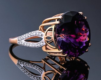 Moroccan Amethyst Solitaire with Diamonds 18k Solid Rose Gold Ring, Size 7