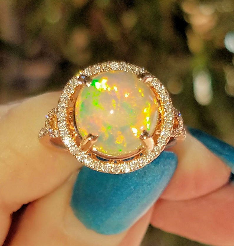 Genuine Ethiopian Opal Round Cabochon Solitaire With Diamond - Etsy