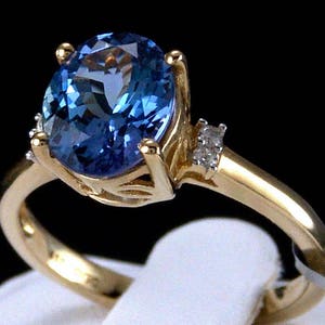 3.01ct Genuine Bi-Color Tanzanite Solitaire with Diamond Accents 10K Solid Yellow Gold Ring image 3