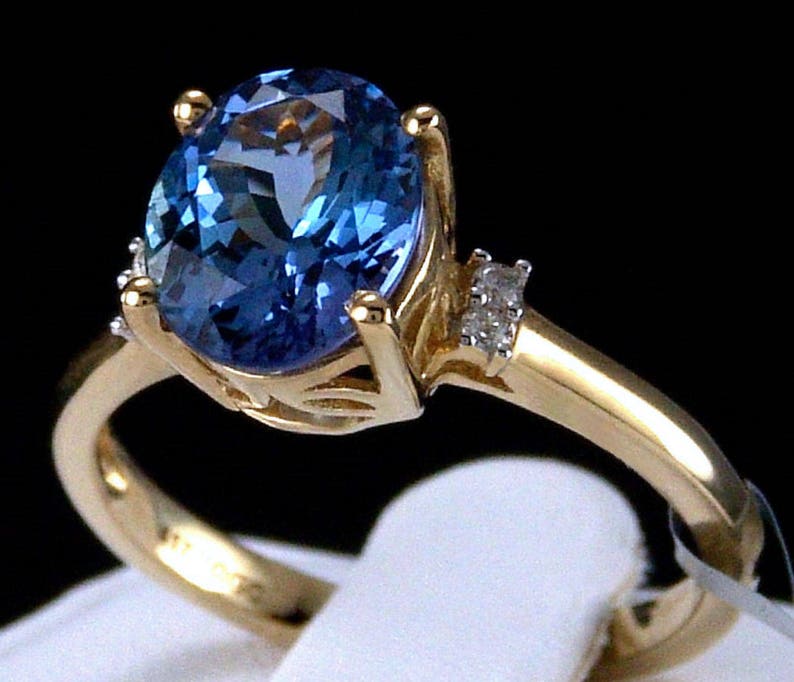 3.01ct Genuine Bi-Color Tanzanite Solitaire with Diamond Accents 10K Solid Yellow Gold Ring image 3