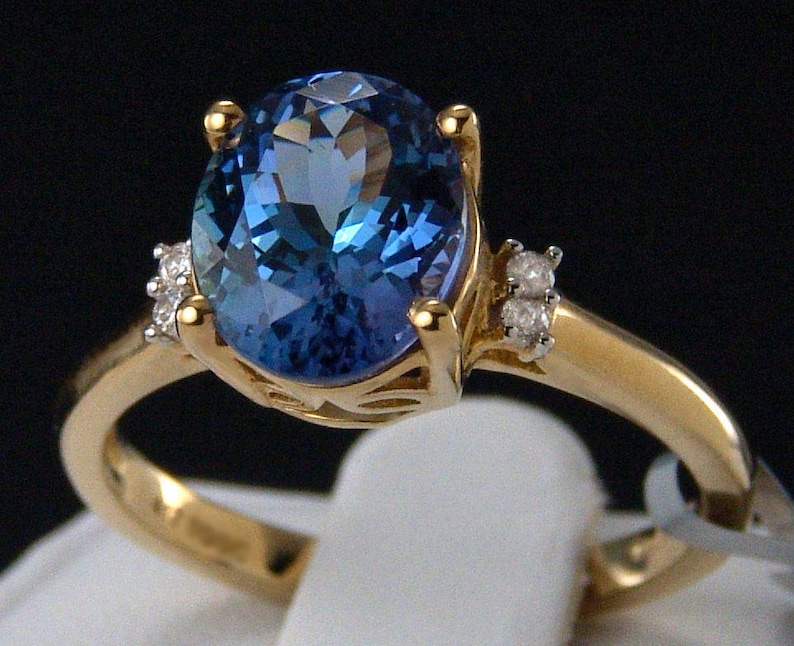 3.01ct Genuine Bi-Color Tanzanite Solitaire with Diamond Accents 10K Solid Yellow Gold Ring image 1