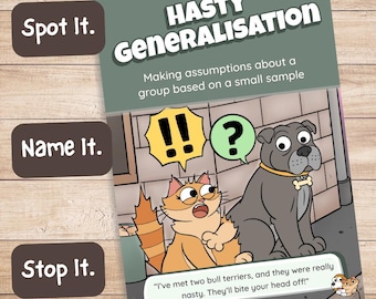 Póster de generalización apresurada para desarrollar habilidades de pensamiento crítico. Descarga digital.