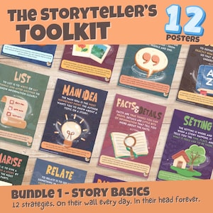 May include: A collection of 12 educational posters titled The Storyteller's Toolkit Bundle 1 - Story Basics. Each rectangular poster features a unique literary concept like Main Idea, Facts & Details, and Setting, illustrated with colorful graphics.
