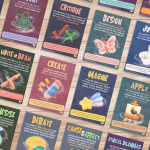 Puede incluir: Una colección de carteles educativos con varias palabras y definiciones, incluyendo "Inventar", "Criticar" y "Diseñar". Cada cartel presenta ilustraciones coloridas y texto, diseñados para el aprendizaje y la comprensión.