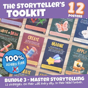 May include: A set of 12 educational posters titled The Storyteller's Toolkit, featuring colourful illustrations and text for storytelling strategies. Includes a blue circular badge stating 100% screen free. The posters are arranged on a light surface.