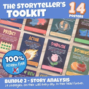 Könnte beinhalten: Ein Set aus 14 Lehrpostern mit dem Titel The Storyteller's Toolkit Bundle 2 Story Analysis. Jedes Poster zeigt eine spezifische literarische Strategie wie Predict, Action und Symbolism mit beschreibendem Text und farbenfrohen Illustrationen.