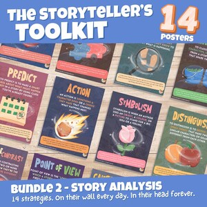 May include: A collection of 14 educational posters titled The Storyteller's Toolkit Bundle 2 Story Analysis. Each poster features a unique literary strategy, including Predict, Action, Symbolism, and Distinguish, with colorful illustrations.