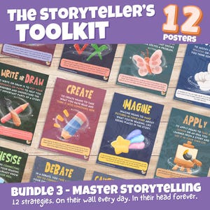 May include: A collection of 12 educational posters titled The Storyteller's Toolkit, featuring colorful illustrations and text for each strategy, including Write or Draw, Create, Imagine, and Apply, designed to help students master storytelling.