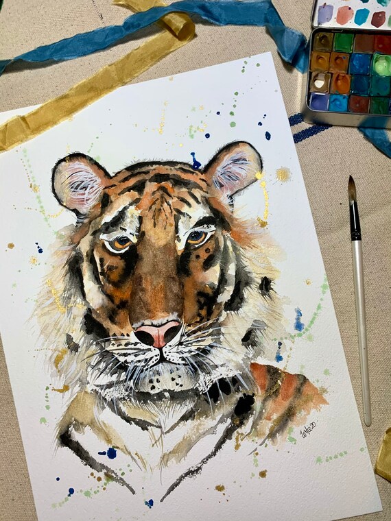 Siberian tiger original watercolour painting - metallic - 24k Gold