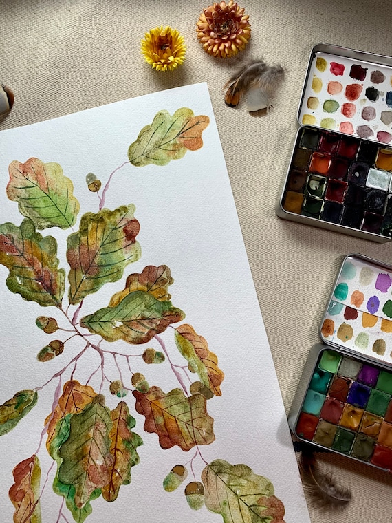 Oak Glow - oak leaves original art - ON SALE - watercolour