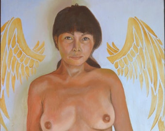nude, figure painting, portrait painting, self-portrait painting, oil painting, angel, wings, female nude, erotic, sexy woman, for him, love