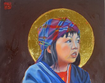 oil painting, original painting, Hmong girl, child portrait, little girl, portrait painting, figure painting, fine art, contemporary realism