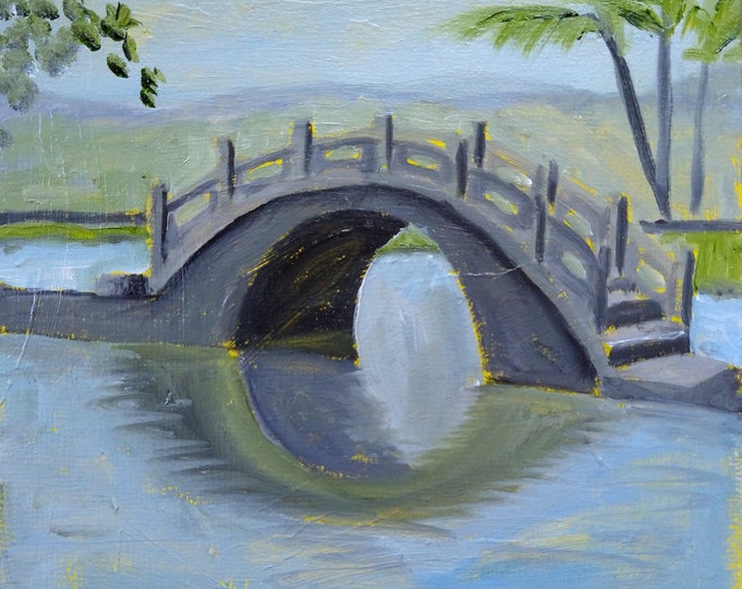 oil on board, oil painting, oil sketch, Plein-air painting, miniature art, 6x6, square painting, Hilo Grey Bridge, painting by Darlene