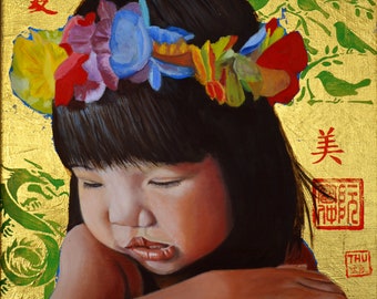 painting, portrait painting, oil painting, little girl, cute, love, cleft lip, Asian Art, contemporary art, fine art, Hawaiian, Gustav Klimt